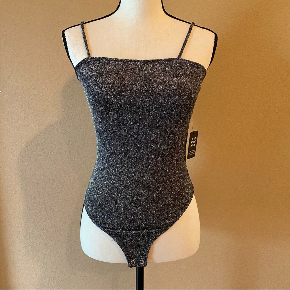Express Square Neck Metallic Cami Thong Bodysuit